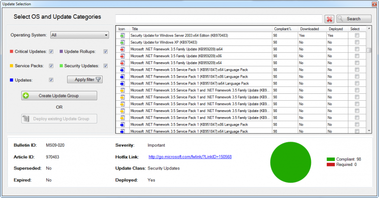 SnaPatch Patch Management Updates Selection