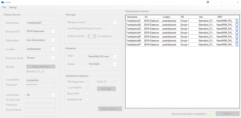 Azure VM Deployment Main Screen