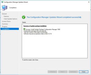 SCCM 1906 Configuration Manager Updates Wizard Completed