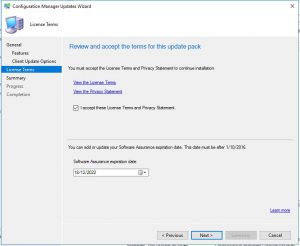 SCCM 1906 Configuration Manager Updates Wizard License Acceptance