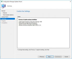 SCCM 1906 Configuration Manager Updates Wizard Summary