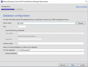 scvmm install database configuration