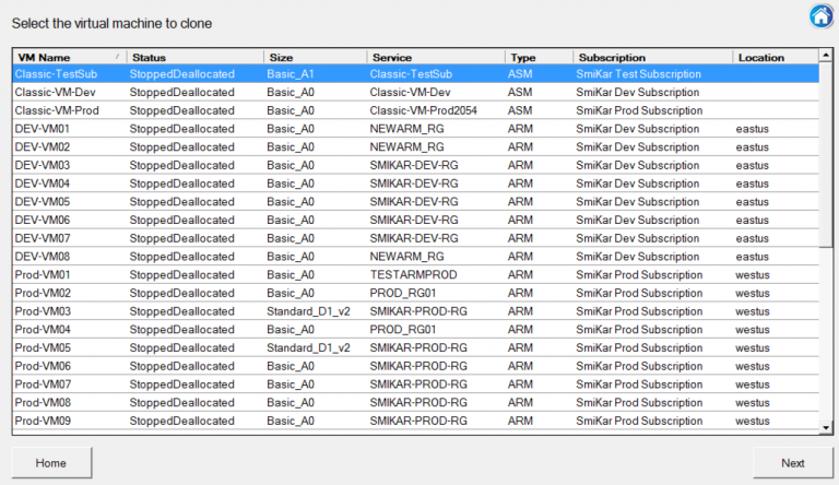 Azure VM Cloning VM List