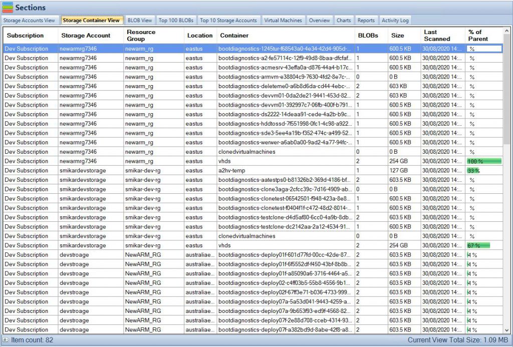 Cloud Storage Manager Azure Storage Containers Tab