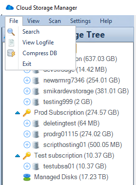 Cloud Storage Manager File Menu