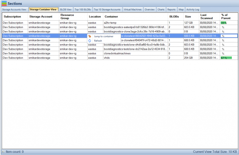 Cloud Storage Manager Storage Container Tab