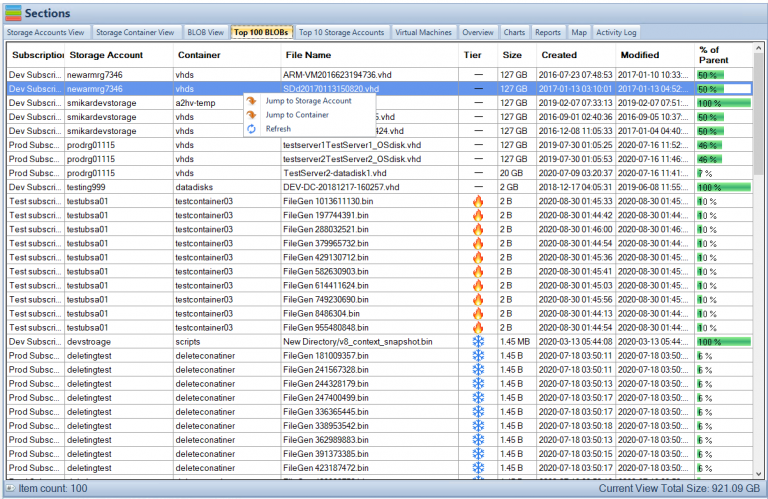 Cloud Storage Manager Top 100 Blobs Tab