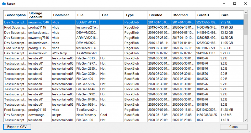 Azure Blob Report Export