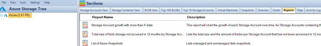 Azure Storage Reports Tab