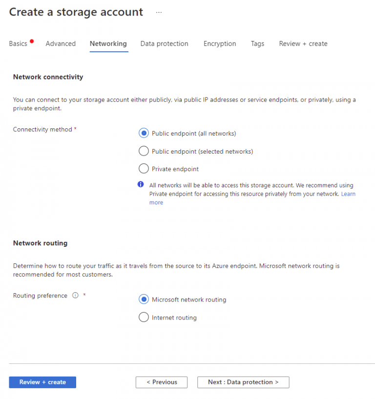 Azure Storage Account Creation Networking