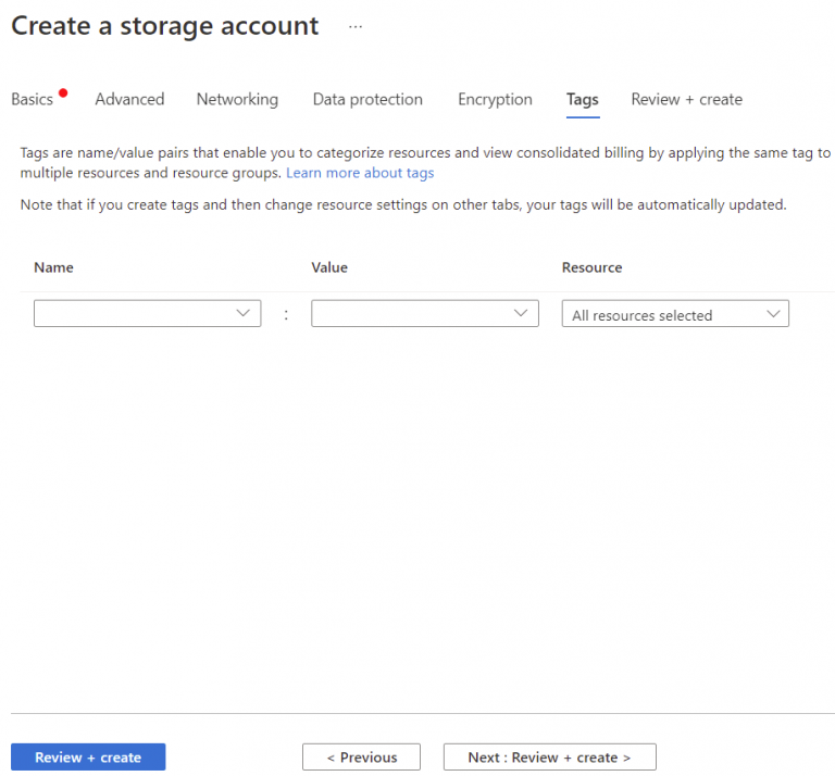 Azure Storage Account Creation Tags Settings