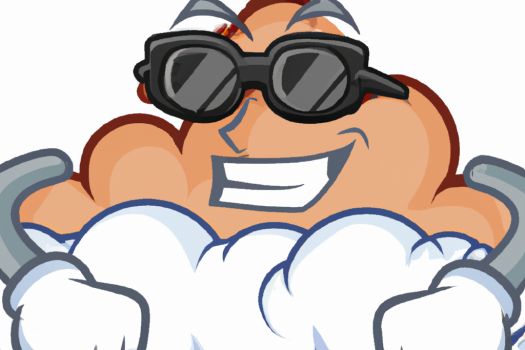 a muscle bouncer standing in front of a cloud cartoon