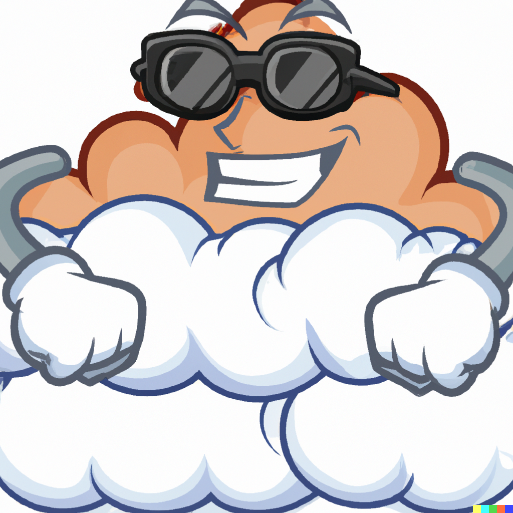 a muscle bouncer standing in front of a cloud cartoon