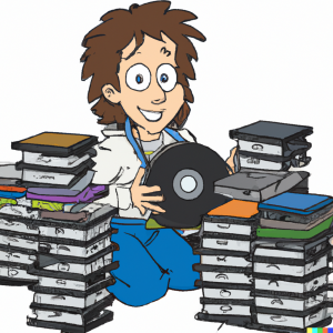female cartoon using lots of computer disks