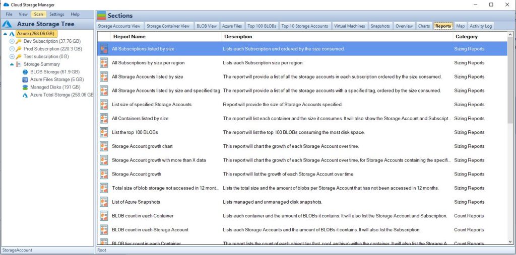 Cloud Storage Manager Reports TAB