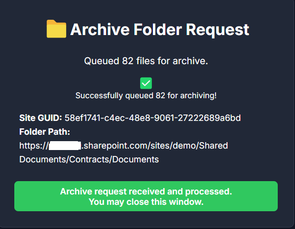 Archive Folder Request Successful
