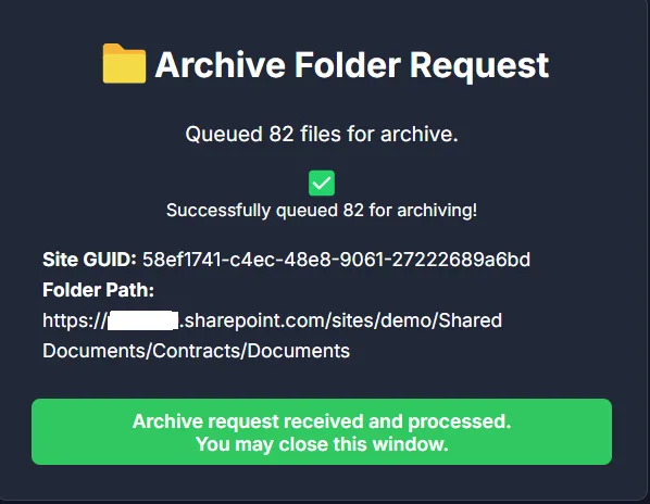 Archive Folder Request Successful Archive Folder Request Successful