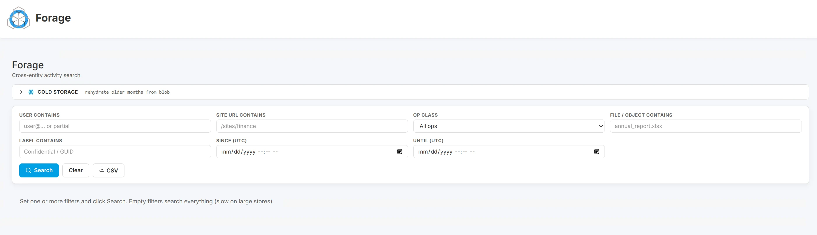 Hunt: cross-entity activity search Hunt activity search in Burrow - filter by user, site, op class, file, label, date range