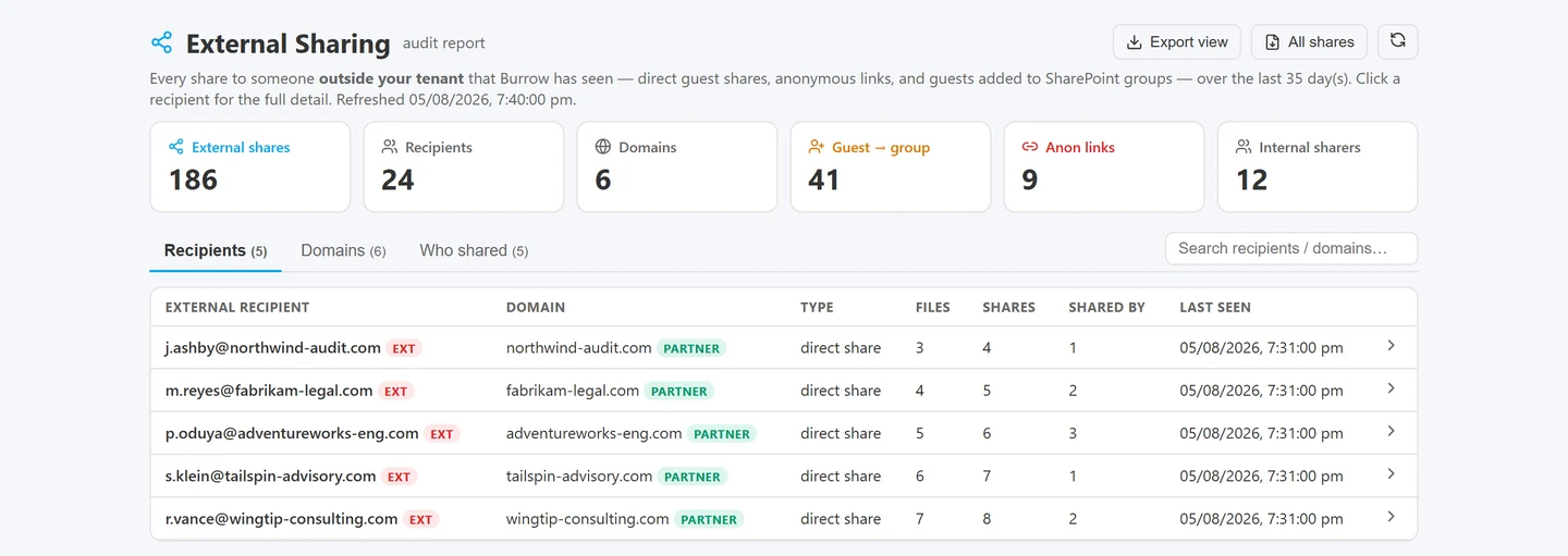 External sharing audit showing a standing inventory of guest shares, anonymous links and external guests