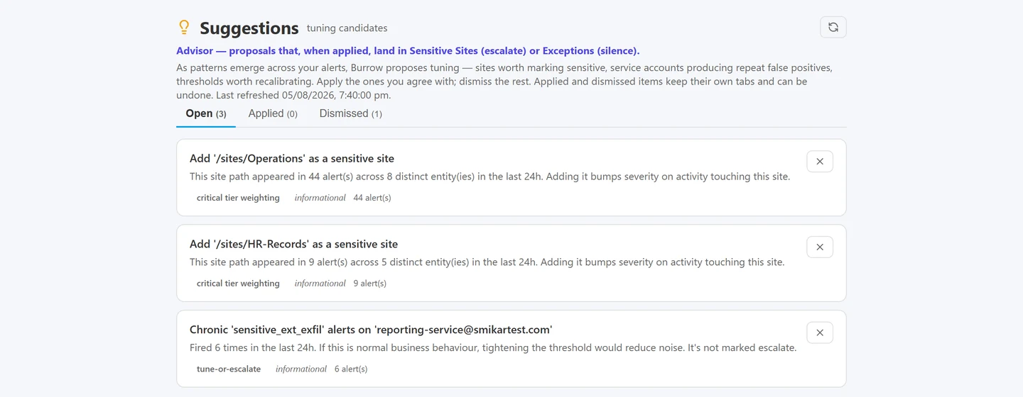Suggestions panel proposing entity exceptions based on repeatedly dismissed alerts