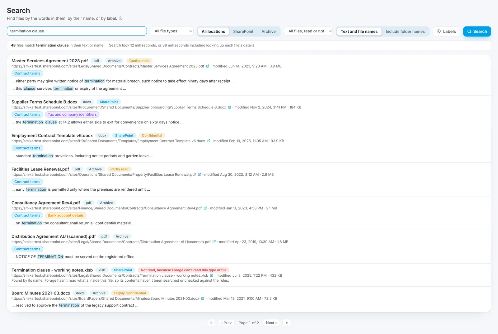 Forage search results across live and archived content, each with highlighted extracts and the labels its rules gave it
